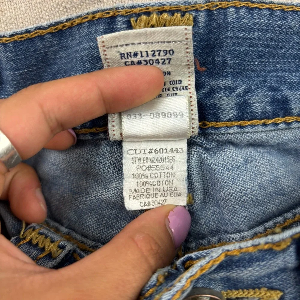 True Religion Joey Flare Jeans Mens 32 Blue Distressed Flap Pocket Horseshoe